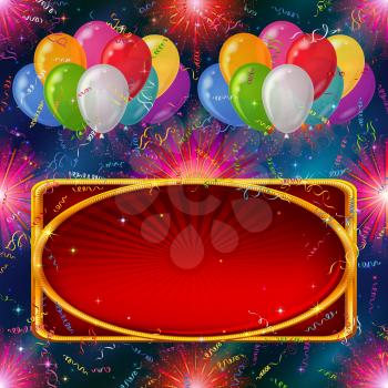 Holiday background for web design with colorful balloons, red banner, fireworks and serpentine on abstract space with dark blue sky and stars. Eps10, contains transparencies. Vector
