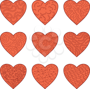 Set of Valentine hearts with abstract patterns, symbols of love and holiday. Vector