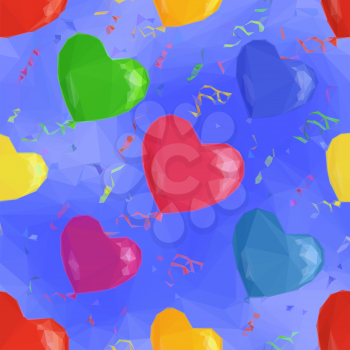 Heart Shaped Balloons Flying in Blue Sky, Low Poly Pattern, Colorful Background. Vector