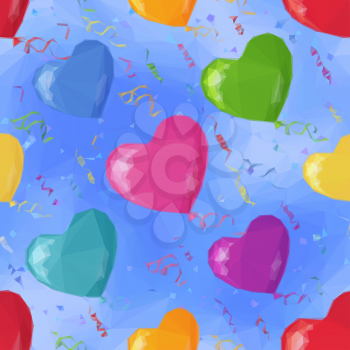 Heart Shaped Balloons Flying in Blue Sky, Low Poly Pattern, Colorful Background. Vector