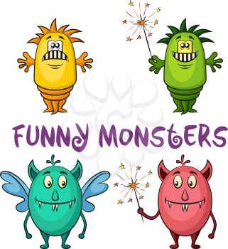 Set of Cute Different Cartoon Monsters, Colorful Characters with Sparklers, Elements for your Design, Prints and Banners, Isolated on White Background. Vector