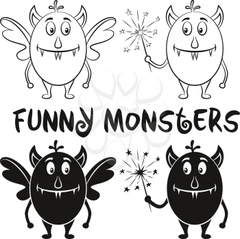 Set of Cute Different Cartoon Monsters, Black Contour and Silhouette Characters with Sparklers, Elements for your Design, Prints and Banners, Isolated on White Background. Vector