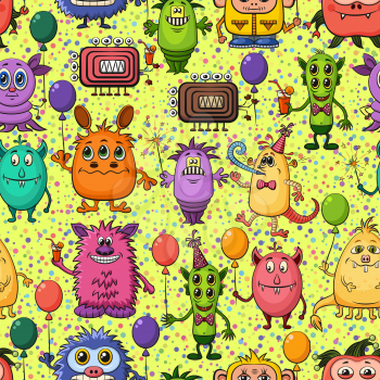 Seamless Background for Your Holiday Party Design with Different Cartoon Monsters, Colorful Tile Pattern with Cute Funny Characters, Feasting with Balloons, Sparklers and Cocktails. Vector