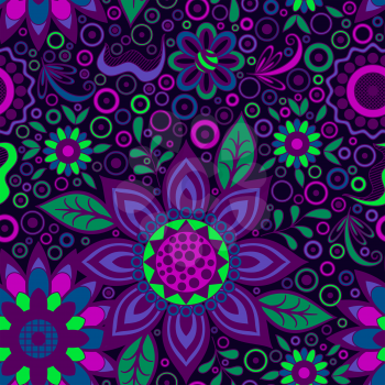 Abstract Seamless Background with Symbolical Colorful Patterns and Floral Ornaments. Vector