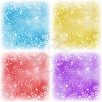 Set of abstract Christmas backgrounds for holiday design with snowflakes, stars, confetti and rays, blue, yellow, red and violet. Eps10, contains transparencies. Vector
