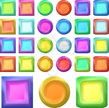 Set icons, isolated variegated round and square buttons. Vector eps10, contains transparencies
