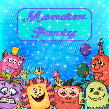 Background for Your Holiday Party Design with Different Cartoon Monsters, Colorful Illustration with Cute Funny Characters. Eps10, Contains Transparencies. Vector