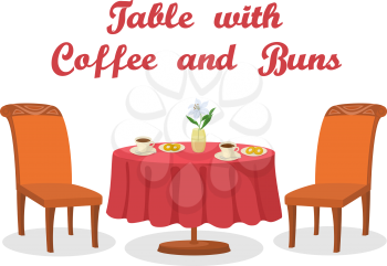 Cartoon Served Table with Coffee, Buns, Flower, Two Chairs, Isolated on White Background. Eps10, Contains Transparencies. Vector