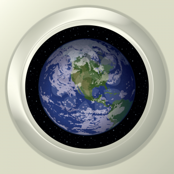 Space ship round window porthole with planet Earth and stars on white wall. Elements of this image furnished by NASA (www.visibleearth.nasa.gov). Eps10, contains transparencies. Vector