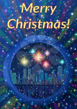 Christmas Holiday Background, Round Porthole Window on Blue Wall with Night City Landscape, Skyscrapers, Shining Fireworks and Place for Text. Eps10, Contains Transparencies. Vector