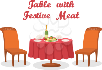 Cartoon Served Holiday Table with Festive Meal, Bottle of Champagne Wine, Napkins, Plates, Two Chairs, Isolated on White Background. Eps10, Contains Transparencies. Vector