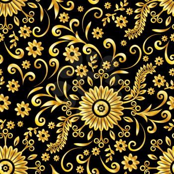 Abstract Seamless Background with Symbolical Gold Floral Patterns, Shining Colorful Ornament, Flowers and Leaves on Black. Eps10, Contains Transparencies. Vector