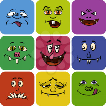 Set of Monster Smileys, Funny Cartoon Characters, Different Faces in Colorful Squares, Elements for Your Design, Prints and Banners, Isolated on White Background. Vector