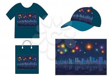 Horizontal Seamless Landscape, Holiday Urban Background, Night City, Reflecting in Blue Sea, With Skyscrapers and Bright Fireworks in Starry Sky, Presented in Tank Top, Shopping Bag and Cap. Vector