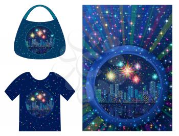 Holiday Background, Round Porthole Window on Blue Wall with Night City Landscape, Skyscrapers, Fireworks and Place for Text, Presented in Tank Top and Handbag. Eps10, Contains Transparencies. Vector