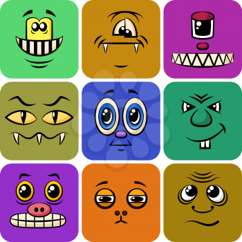 Set of Smileys, Monsters, Funny Cartoon Characters, Different Faces in Colorful Squares, Elements for Your Design, Prints and Banners, Isolated on White Background. Vector.