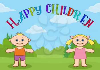 Funny Cartoon Children on Forest Glade, Happy Little Boy and Girl in Colorful Clothes, Standing on Green Meadow with Arms Wide Open and Smiling. Vector