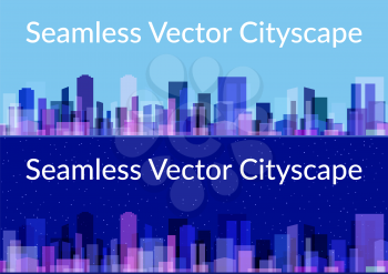 Horizontal Seamless Landscape, Urban Background, Abstract Colorful City, Set of Night and Day Cityscapes with Skyscrapers Under Blue or Starry Sky. Eps10, Contains Transparencies. Vector