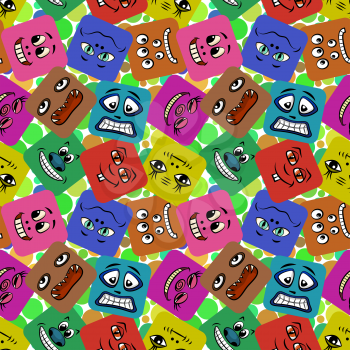 Seamless Background with Smileys, Monsters, Funny Cartoon Characters, Different Faces in Colorful Squares, Tile Pattern for Your Design. Vector