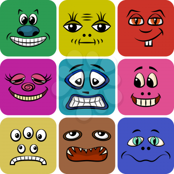 Set of Smileys, Monsters, Funny Cartoon Characters, Different Faces in Colorful Squares, Elements for Your Design, Prints and Banners, Isolated on White Background. Vector.