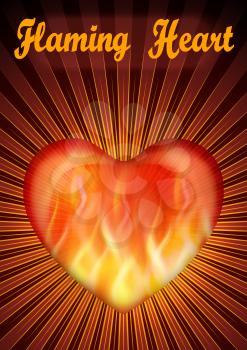 Shining Fire Valentine Heart, Flaming Love Symbol with Red and Yellow Radial Rays. Eps10, Contains Transparencies. Vector