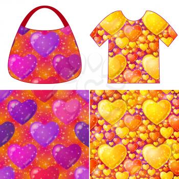 Set of Valentine Holiday Seamless Backgrounds, Colorful Tile Patterns with Hearts, Sparks, Confetti and Examples in Form of Shirt and Ladies Handbag. Eps10, Contains Transparencies. Vector