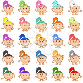 Set of Smilies, Funny Girls with Colorful Hair, Cartoon Icons Symbolising Various Human Emotions and Moods. Vector