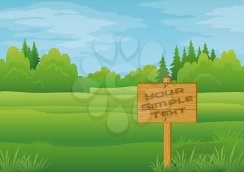 Wood Sign for Your Text in Summer Forest on Green Landscape, Background for Your Design. Eps10, Contains Transparencies. Vector