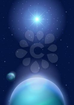Fantastic Space Background with Unexplored Blue Planet, Satellite, Sun and Stars. Eps10, Contains Transparencies. Vector