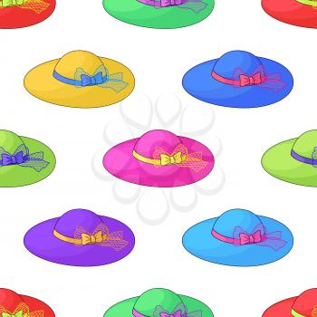 Female hats of different colors with the beautiful bows and tapes, seamless background. Vector