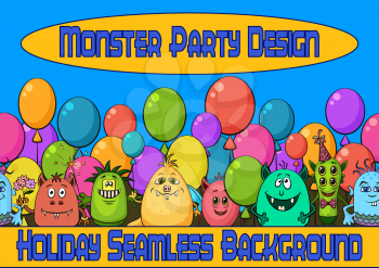 Horizontal Seamless Background for your Design with Different Funny Monsters, Cartoon Characters with Colorful Balloons. Vector