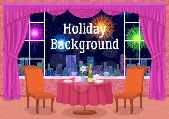 Restaurant Background with Table and Festive Food in Front of Window with View on Night Sky and Colorful Holiday Fireworks, Cartoon Illustration for Your Design. Eps10, Contains Transparencies. Vector