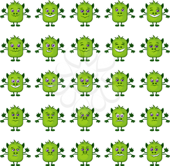 Set of Funny Monsters Smilies, Symbolizing Various Human Emotions and Moods, Cartoon Green Characters with Four Hands, Isolated on White. Vector
