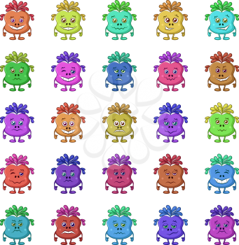 Set of Funny Monsters Smilies, Symbolizing Various Human Emotions and Moods, Cartoon Multicolored Characters with Colorful Hair, Isolated on White Background. Vector