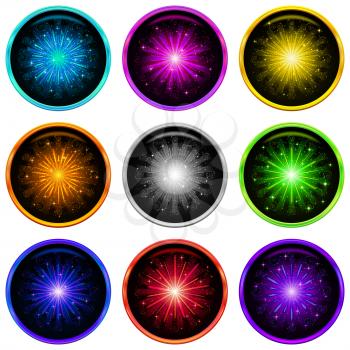 Set of round buttons with fireworks of various bright colors on black background, element for holiday web design. Eps10, contains transparencies. Vector