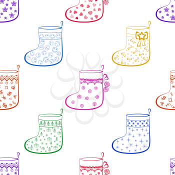 Christmas Stockings For Gifts Decorated, Seamless Background, Symbol Pictograms. Vector