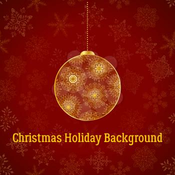 Holiday Christmas Background, Golden Decorated Ball on Red Pattern with Snowflakes, Illustration for Your Design. Eps10, Contains Transparencies. Vector