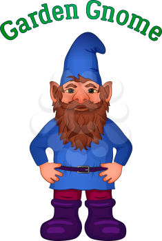 Cartoon Garden Gnome, Funny Fairy Character, Old Bearded Dwarf in Blue Cap and Big Boots, Isolated on White. Vector