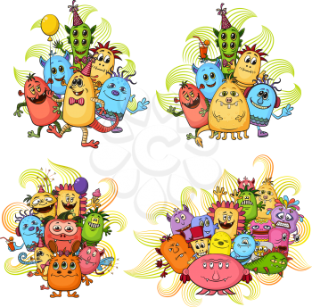 Set of Groups Funny Colorful Cartoon Characters, Different Monsters, Elements for your Design, Prints and Banners, Isolated on White Background. Vector