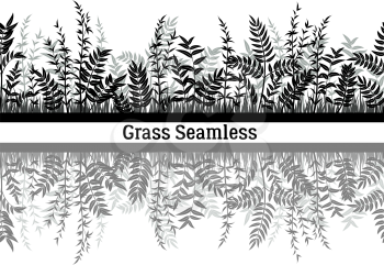 Line Seamless Landscape with Black Silhouette Grass, Reflecting in Water, Isolated on White Background. Vector