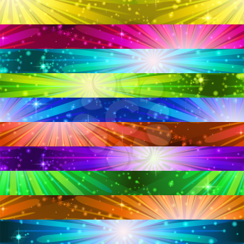 Seamless Holiday Background with Fireworks of Various Colors and Shapes. Tile Pattern for Web Design, Split Into Separate Parts. Eps10, Contains Transparencies. Vector