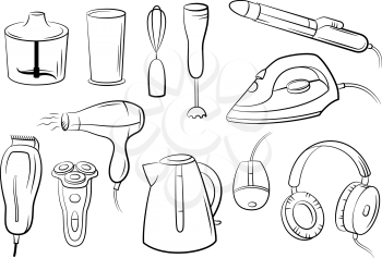 Group of Technical Equipment Icons Shaver, Iron, Hair Dryer, Blender, Kettle, Headphones and Computer Mouse. Black Pictograms Isolated on White. Vector