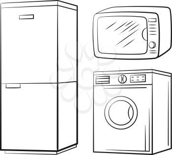 Group of Technical Equipment Icons. Refrigerator, Washing Machine, Microwave. Black Pictograms Isolated on White. Vector