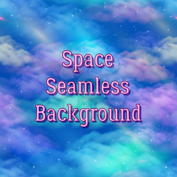 Landscape, Space Seamless Background with Blue and Pink Clouds and Stars, Tile Pattern for Your Design. Vector
