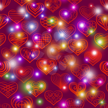 Valentine Holiday Seamless Background with Hearts Contours and Stars, Tile Pattern. Vector