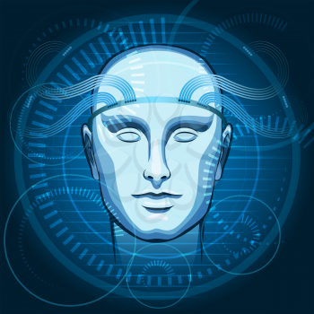 The human head wired to futuristic interface.