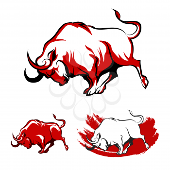 Fighting Bull Emblem set. Running Angry Bull in three variations. Isolated on white background.