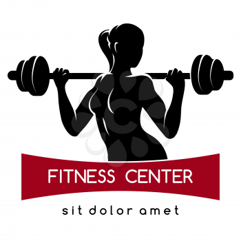 Fitness center or Gym emblem. Elegant woman silhouette with barbell. Fitness exercises concept. Free font used. Isolated on white.