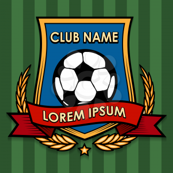 Modern soccer or football shield emblem with olive branches and ribbon. Colorful illustration. Free font used.