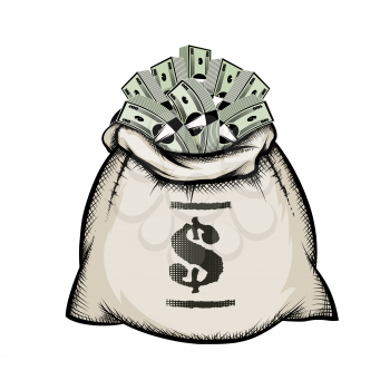 The bag full of money drawn in vintage style. Isolated on white background.